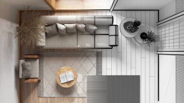 Mimar iç mimar konsepti: elle çizilmiş tamamlanmamış bir proje, Japonya 'nın oturma odası ahşap duvarları. Japon tarzı. Üst görünüm, plan, yukarıda