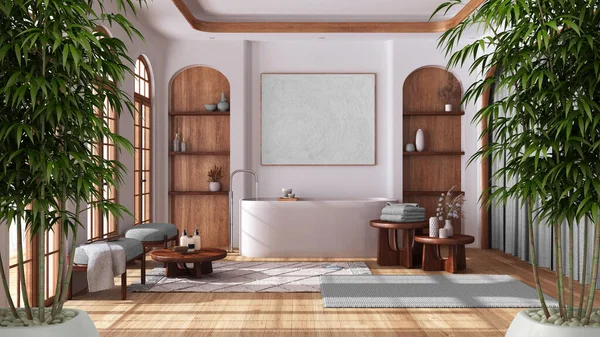 Zen Εσωτερικό Γλάστρα Μπαμπού Φυσικό Εσωτερικό Σχεδιασμό Έννοια Μινιμαλιστικό Μπάνιο — Φωτογραφία Αρχείου
