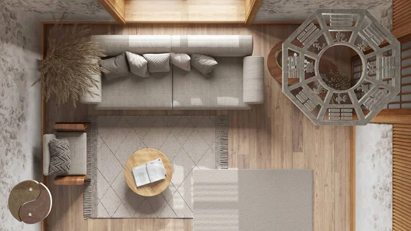 Projekt Interiérového Designu Feng Shui Poradenství Moderní Japandi Obývací Pokoj — Stock fotografie