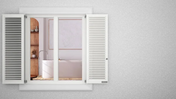 Panjurlu Beyaz Pencereli Dış Alçı Duvar Küvetli Banyoyu Gösteriyor Fotokopi — Stok fotoğraf