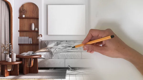 建築家インテリアデザイナーのコンセプト 空間が本物になる間にデザインのインテリアプロジェクトを描く手 ダブルベッドと装飾付きの木製のジャパニベッドルーム — ストック写真