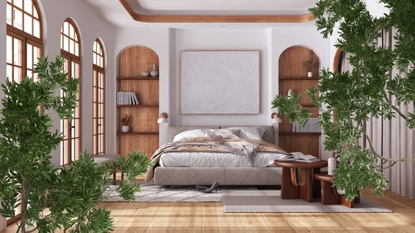 Green summer or spring leaves, tree branch over interior design scene. Natural ecology concept idea. Japandi bedroom with double bed, minimal interior design