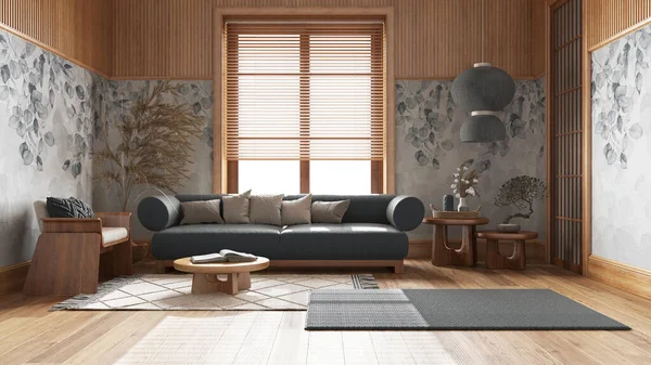 stock image Japandi living room with wallpaper and wooden walls in gray and beige tones. Parquet floor, fabric sofa, carpets and decors. Japanese interior design