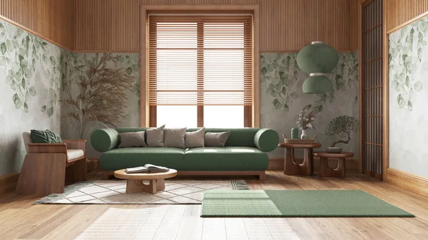 Japandi living room with wallpaper and wooden walls in green and beige tones. Parquet floor, fabric sofa, carpets and decors. Japanese interior design
