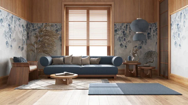 Japandi living room with wallpaper and wooden walls in blue and beige tones. Parquet floor, fabric sofa, carpets and decors. Japanese interior design