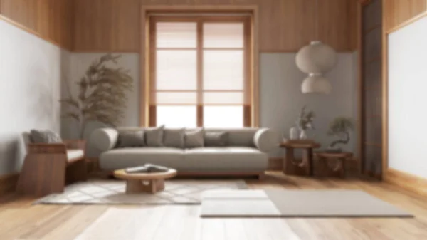 背景がぼやけて 木製の壁とジャパンディリビングルーム 寄木細工の床 ファブリックソファ カーペットや装飾 日本のインテリアデザイン — ストック写真