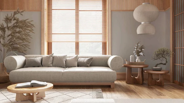 白とベージュの色調で壁紙や木製の壁と最小限のリビングルーム 寄木細工の床 ソファ コーヒーテーブルとカーペット 日本インテリアデザイン — ストック写真