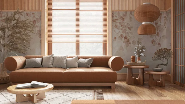 Minimal living room with wallpaper and wooden walls in white and orange tones. Parquet floor, sofa, coffee tables and carpets. Japandi interior design