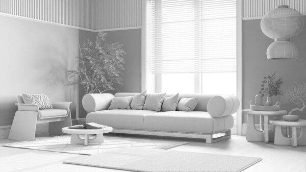 Total white project draft, wooden living room with fabric sofa. Parquet floor, coffee tables and carpets. Japanese interior design