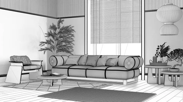 蓝图未完成的项目草稿 木制客厅与面料沙发 咖啡桌和地毯 日本室内设计 — 图库照片