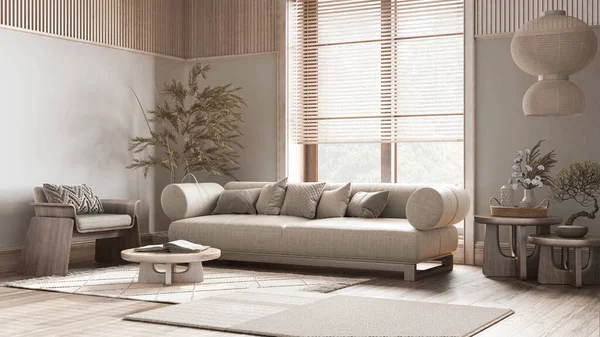 Bleached Ruang Tamu Kayu Dengan Kain Sofa Putih Dan Nada — Stok Foto