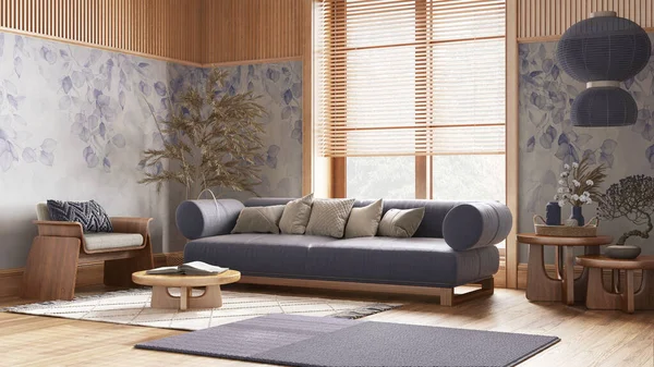 Ruang Tamu Kayu Dengan Sofa Kain Berwarna Ungu Dan Nada — Stok Foto