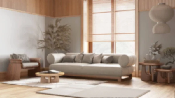 模糊的背景 木制客厅和面料沙发 咖啡桌和地毯 日本室内设计 — 图库照片