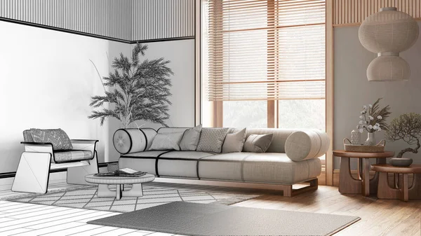 建筑师室内设计理念 手绘草稿未完成的工程 成为现实 木制客厅与面料沙发 日本室内设计 — 图库照片