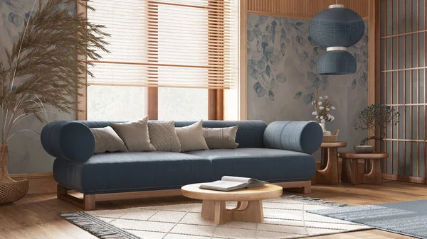 Japanese living room with wallpaper and wooden walls in blue and beige tones. Parquet floor, fabric sofa, carpets and decors. Minimal modern interior design