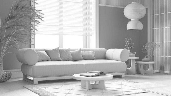 Total white project draft, japanese living room with wooden walls. Parquet floor, fabric sofa, carpets and decors. Minimal modern interior design
