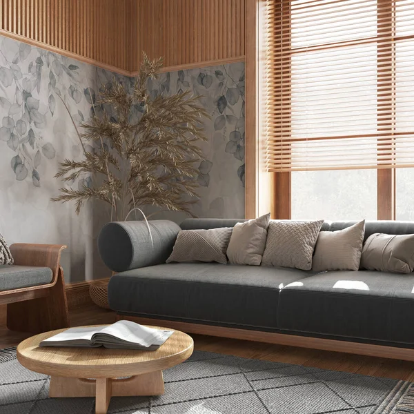 Bauernhaus Wohnzimmer Mit Tapeten Und Holzwänden Grau Und Beigetönen Parkettboden — Stockfoto