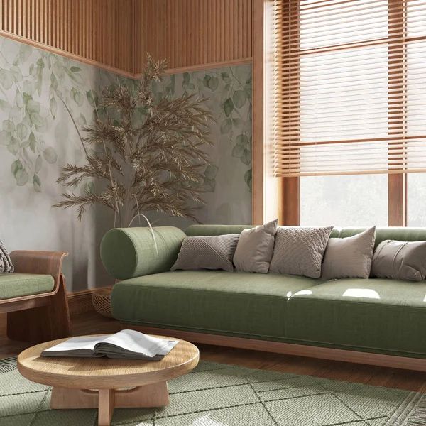 农舍客厅 墙纸和木制墙壁 绿色和米黄色色调 地毯和装饰品 当代室内设计 — 图库照片