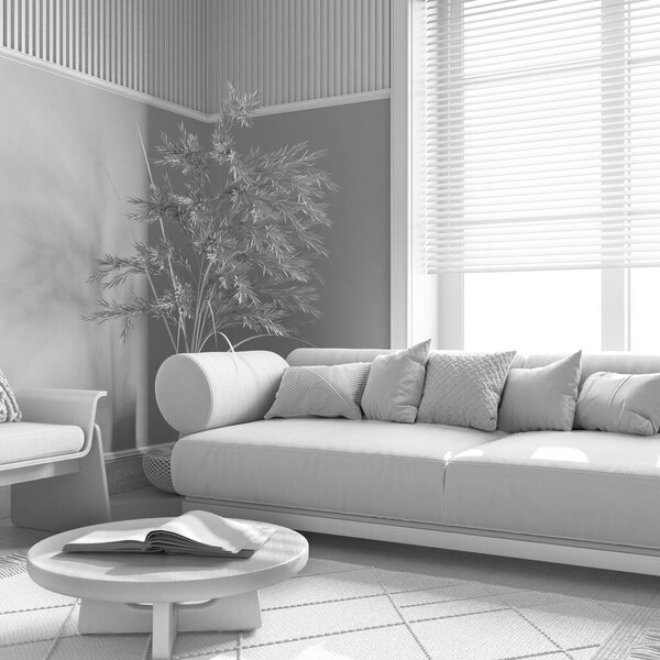 Total white project draft, farmhouse living room with wooden walls. Parquet floor, fabric sofa, carpets and decors. Contemporary interior design