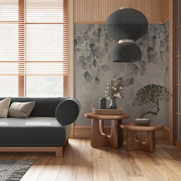 Ruang Tamu Jepang Dengan Wallpaper Dan Dinding Kayu Dengan Warna — Stok Foto