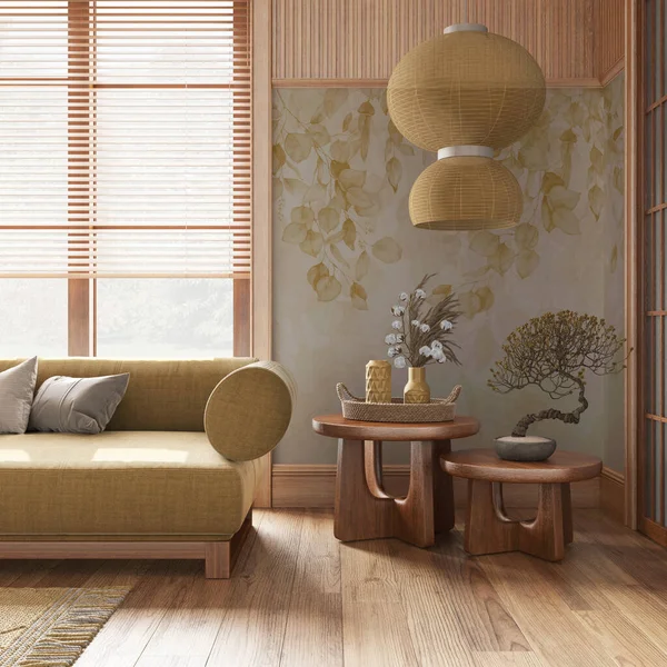 Japanese living room with wallpaper and wooden walls in yellow and beige tones. Parquet floor, fabric sofa, carpets and decors. Minimal japandi interior design