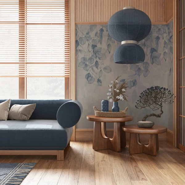 Japanese living room with wallpaper and wooden walls in blue and beige tones. Parquet floor, fabric sofa, carpets and decors. Minimal japandi interior design