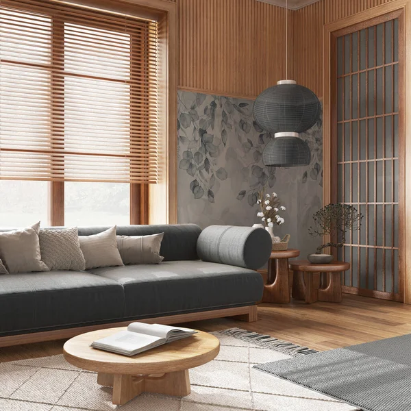 Japandi Wohnzimmer Mit Tapeten Und Holzwänden Grau Und Beigetönen Parkettboden — Stockfoto