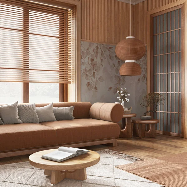 Japandi living room with wallpaper and wooden walls in orange and beige tones. Parquet floor, fabric sofa, carpets and paper lamp. Japanese interior design