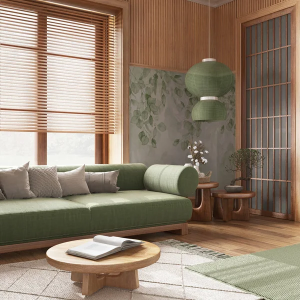 緑とベージュの色調で壁紙や木製の壁とジャンディリビングルーム 寄木細工の床 ファブリックソファ カーペットや紙ランプ 日本のインテリアデザイン — ストック写真