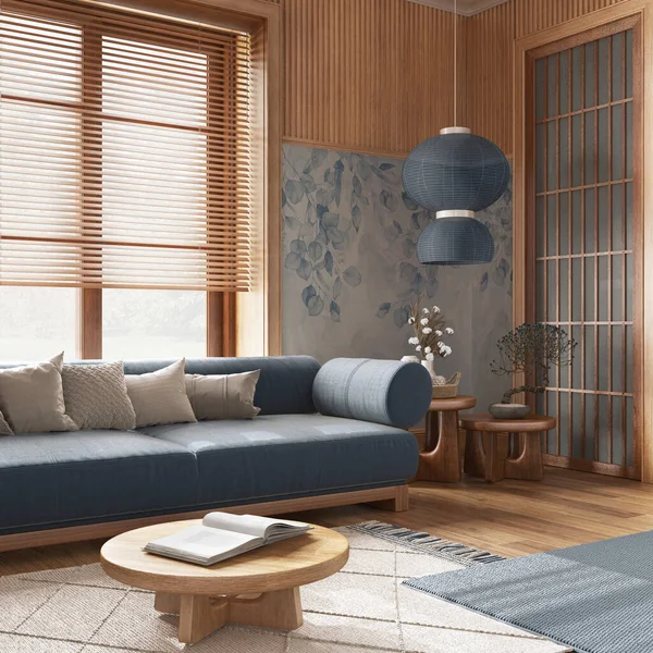 Japandi living room with wallpaper and wooden walls in blue and beige tones. Parquet floor, fabric sofa, carpets and paper lamp. Japanese interior design
