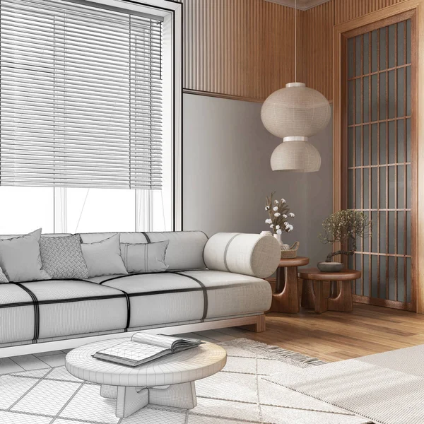 인테리어 디자이너 손으로 미완성 프로젝트는 실제의자 거실이 파퀘트 일본식 — 스톡 사진