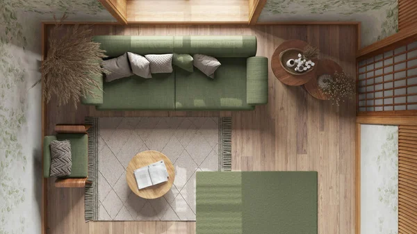 日本客厅 墙纸和木制墙壁 绿色和米黄色色调 面料沙发 地毯和装饰 日本室内设计 顶部视图 — 图库照片