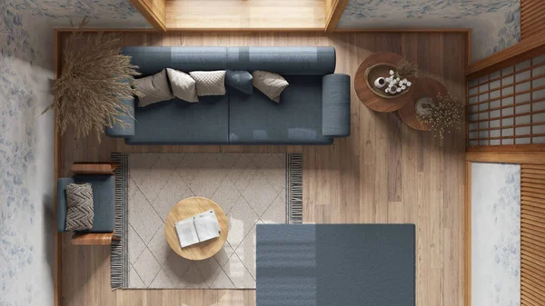 Japandi living room with wallpaper and wooden walls in blue and beige tones. Parquet, fabric sofa, carpets and decors. Japanese interior design. Top view, plan, above