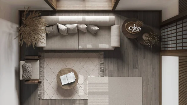 白とベージュの色調で暗い木製の壁とジャンディリビングルーム パケット ファブリックソファ カーペットや装飾 日本のインテリアデザイン トップビュー 上記の — ストック写真