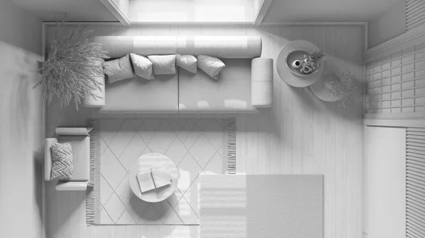 Całkowity Biały Projekt Japoński Salon Drewniane Ściany Parkiet Sofa Tkaniny — Zdjęcie stockowe
