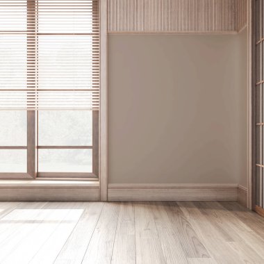 Boş oda iç tasarımı, parke zeminli açık alan, Venedik panjurlu büyük pencere, ağarmış ahşap ve beyaz duvarlar, modern mimari konsept fikri.