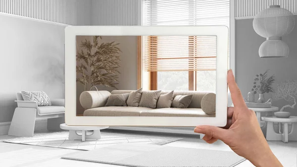 Augmented Reality Konzept Hand Haltenden Tablet Mit Anwendung Verwendet Möbelprodukte — Stockfoto
