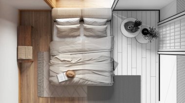 Mimari iç mimar konsepti: elle çizilmiş tamamlanmamış proje, tahta duvarlı Japonya yatak odası. Japon tarzı. Üst görünüm, plan, yukarıda