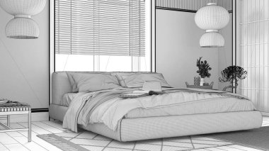 Tamamlanmamış proje taslağı, ahşap duvarlı Japon yatak odası. Parke zemin, ana yatak, halılar ve kağıt lamba. Japon iç tasarımı