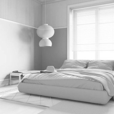 Tamamen beyaz proje taslağı, ahşap duvarlı çiftlik evi yatak odası. Parke zemin, ana yatak, halılar ve dekorlar. Çağdaş iç tasarım