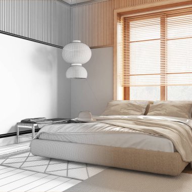 Mimari iç mimar konsepti: elle çizilmiş tamamlanmamış proje, ahşap duvarlı çiftlik evi yatak odası. Parke ve ana yatak. Çağdaş biçim