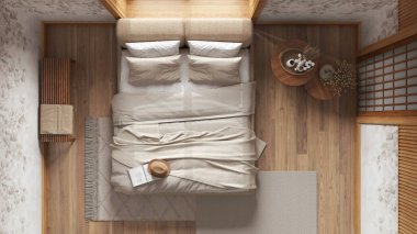 Japandi yatak odası, beyaz ve bej renkli duvar kağıtları ve ahşap duvarlar. Parke, ana yatak, halılar ve dekorlar. Japon iç tasarımı. Üst görünüm, plan, yukarıda