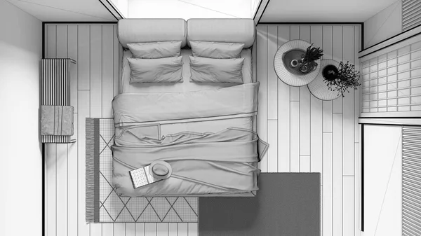蓝图未完成的项目草稿 日本卧房木墙 地毯和装饰 日本室内设计 顶部视图 — 图库照片