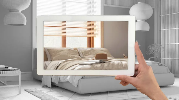 Augmented Reality Konzept Hand Haltenden Tablet Mit Anwendung Verwendet Möbelprodukte — Stockfoto