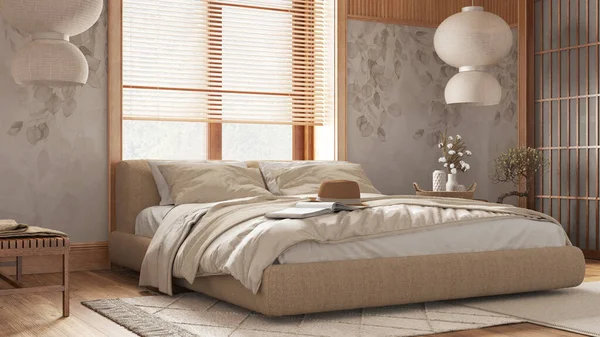 日本式卧房 墙纸和木制墙壁 色调为白色和米黄色 花束地板 地毯和纸灯 日本室内设计 — 图库照片