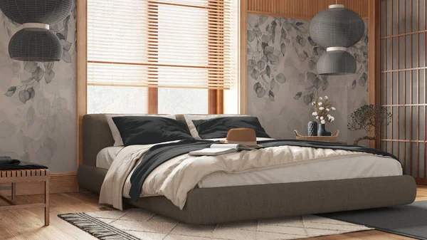 Japandi Schlafzimmer Mit Tapeten Und Holzwänden Grau Und Beigetönen Parkettboden — Stockfoto