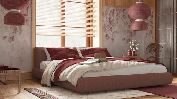 Japandi bedroom with wallpaper and wooden walls in red and beige tones. Parquet floor, master bed, carpets and paper lamp. Japanese interior design