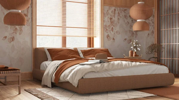 Japandi bedroom with wallpaper and wooden walls in orange and beige tones. Parquet floor, master bed, carpets and paper lamp. Japanese interior design