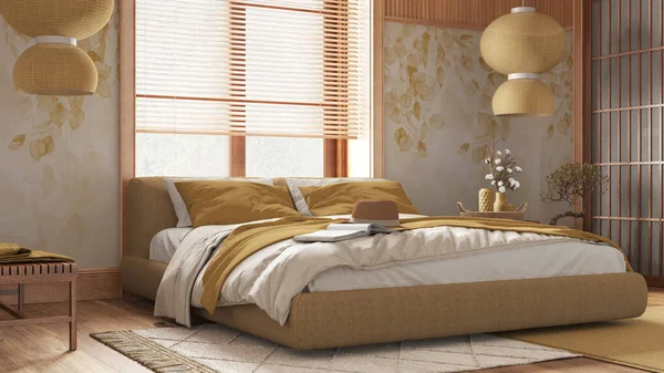 Japandi bedroom with wallpaper and wooden walls in yellow and beige tones. Parquet floor, master bed, carpets and paper lamp. Japanese interior design
