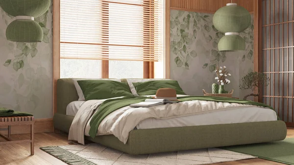 Japandi bedroom with wallpaper and wooden walls in green and beige tones. Parquet floor, master bed, carpets and paper lamp. Japanese interior design